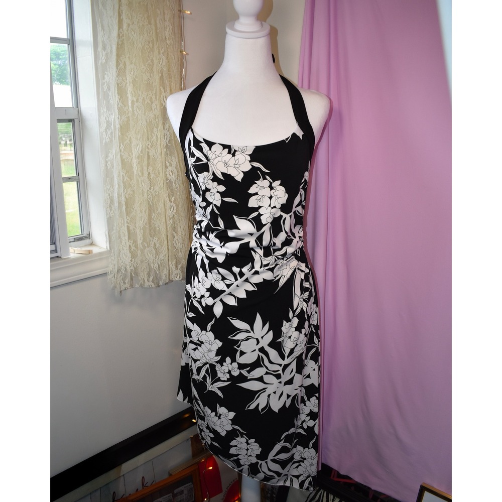 Studio Y Island Bloom Halter Dress Black White Floral Vintage USA M